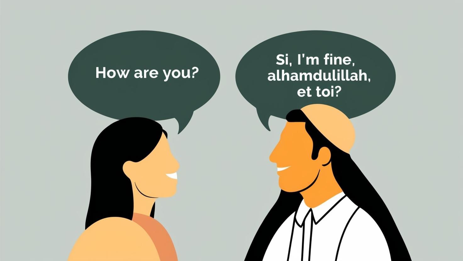 An image of 2 people from different cultural backgrounds engaging in conversation. Show speech bubbles. One asks how are you and the other says 'Si, I'm fine, allhamdullilah, et toi_' polygot